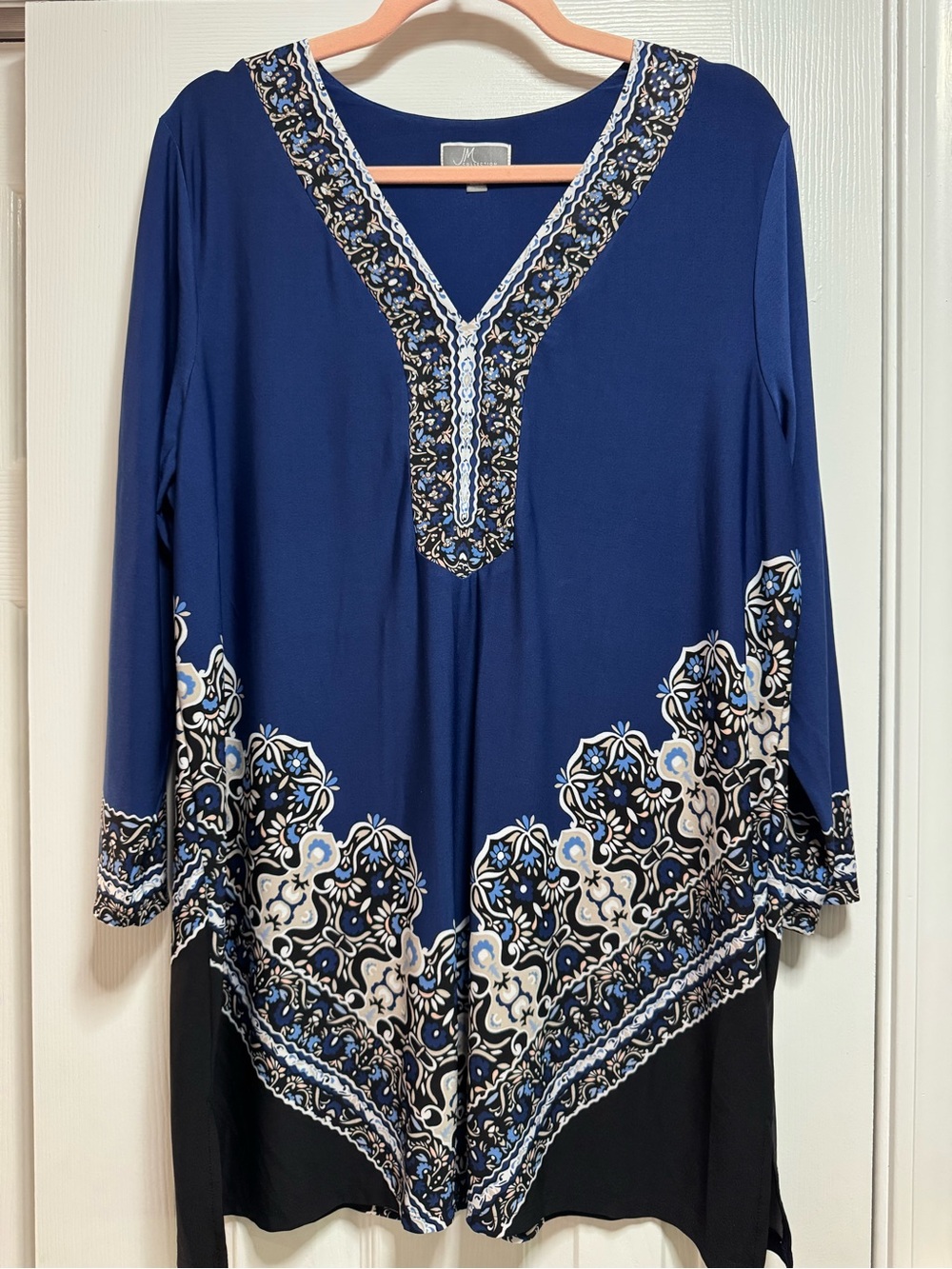 JM Collection Navy Blue Embroidered V-Neck Tunic with White and Black Accents